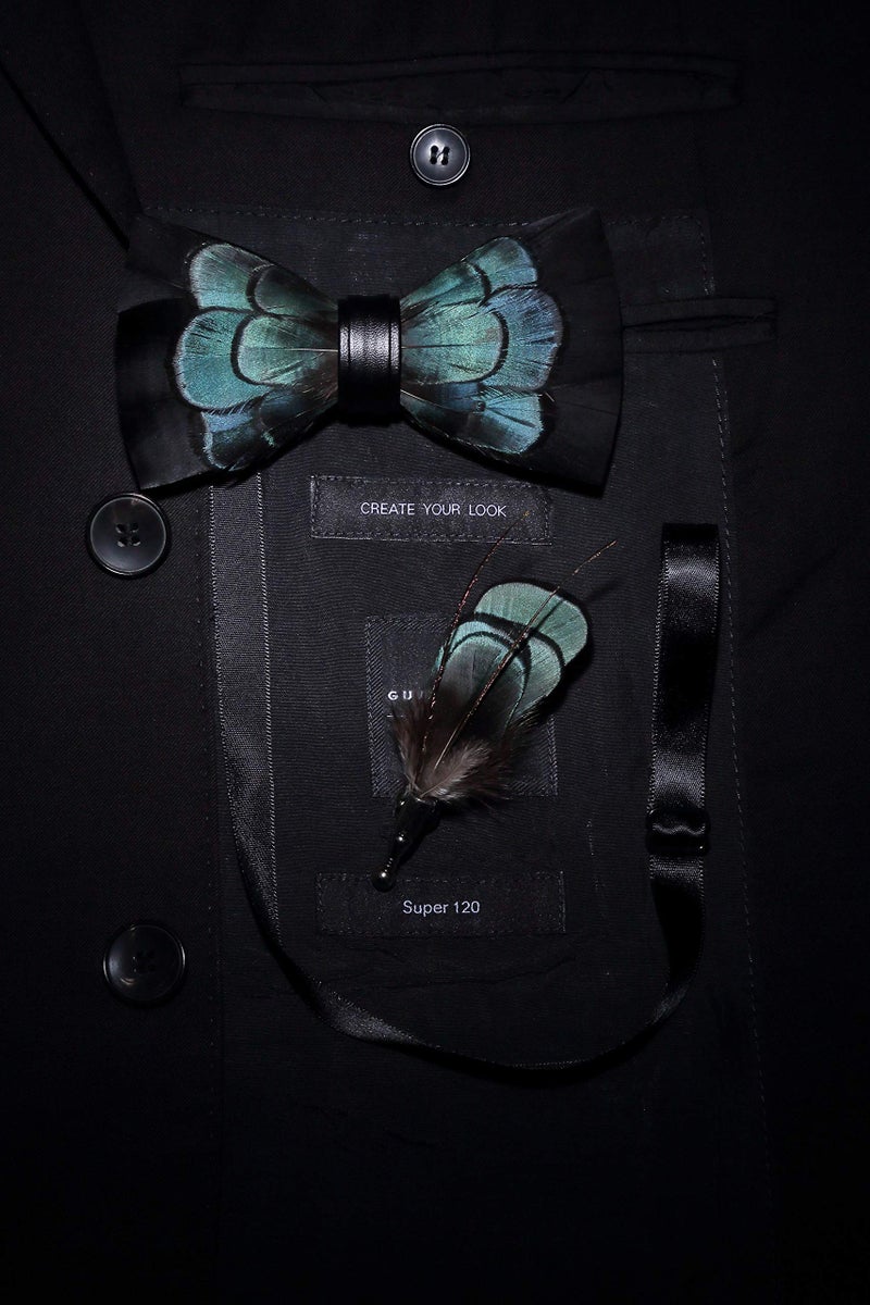 RBOCOTT Blue Feather Pre-tied Bow tie Leather Bowtie and Brooch Sets for Men(3) - Image 5